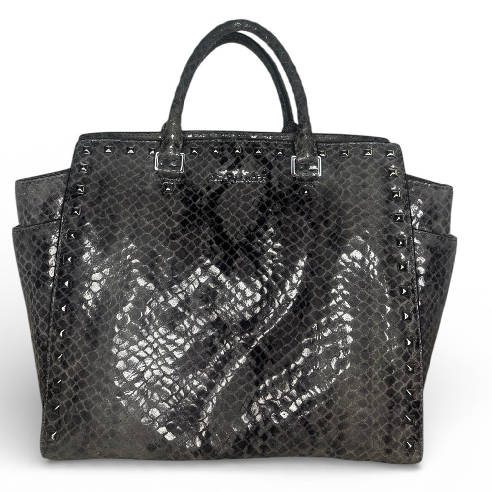 Michael Kors Selma Snake Embossed Leather Dark Slate Satchel bag and wallet set - Picture 2 of 11